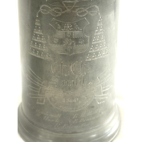 17 - James Dixon 1860 engraved Masonic pewter jug, 1880 Newton College pewter tankard, both measure appro... 