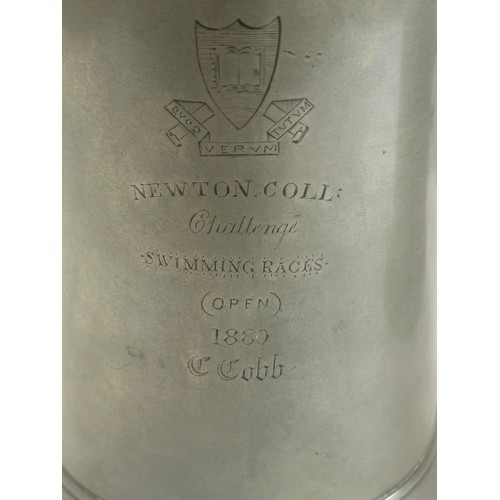 17 - James Dixon 1860 engraved Masonic pewter jug, 1880 Newton College pewter tankard, both measure appro... 