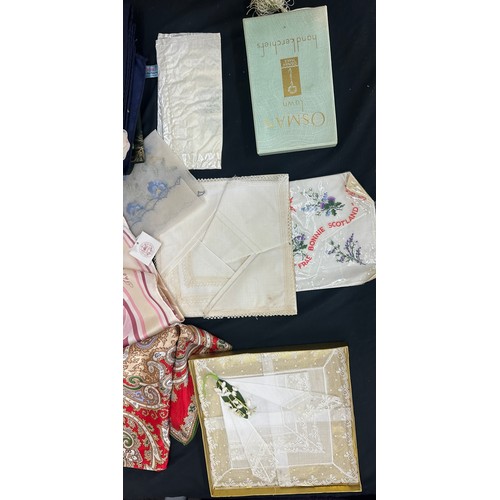 86 - Selection of vintage materials to include silk handkerchiefs etc