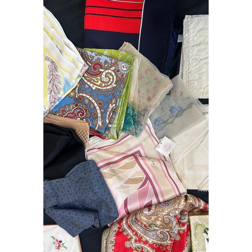 86 - Selection of vintage materials to include silk handkerchiefs etc