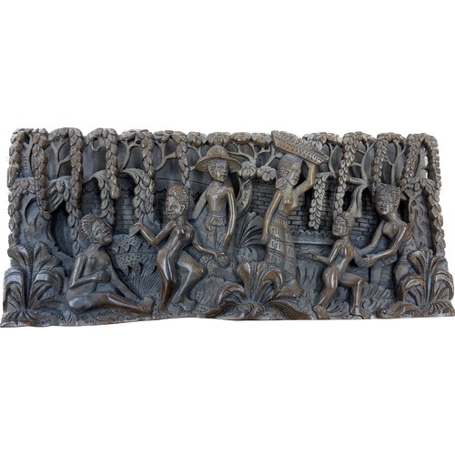 32 - Vintage wooden carved tribal scene plaque measures approximate 8 inches tall x 18 inches wide