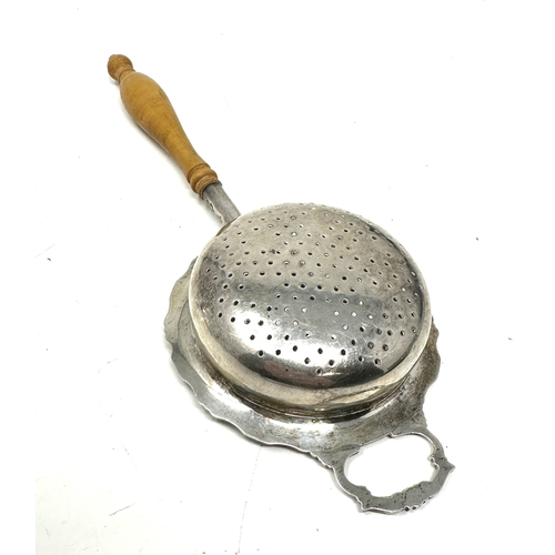 39 - Vintage silver tea strainer with wooden handle Birmingham silver hallmarks