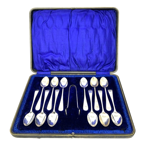 59 - Boxed set of 12 bright cut silver tea spoons & sugar tongs weight 187g g