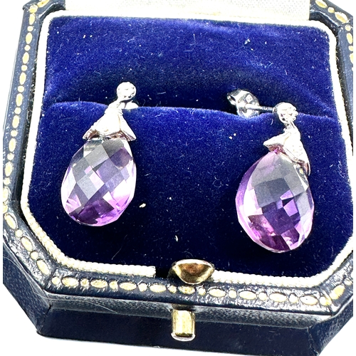 412 - 9ct white gold amethyst drop earrings weight 3.1g