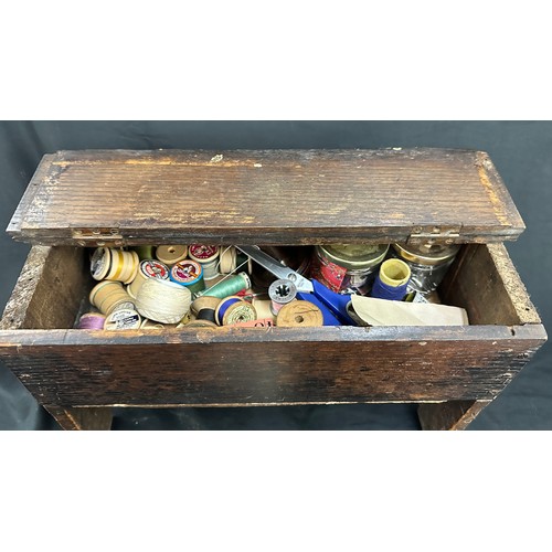 315 - Vintage wooden sewing box with contents measures approximately 10.5 inches tall x 8 deep