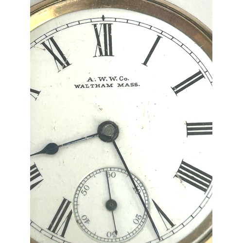 525 - Vintage 14ct Gold plated AWW. Co Waltham open face pocket watch with 9ct gold clasp, wind and ticks ... 