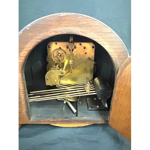 288 - Vintage three keyhole mantle clock with key and pendulum, untested