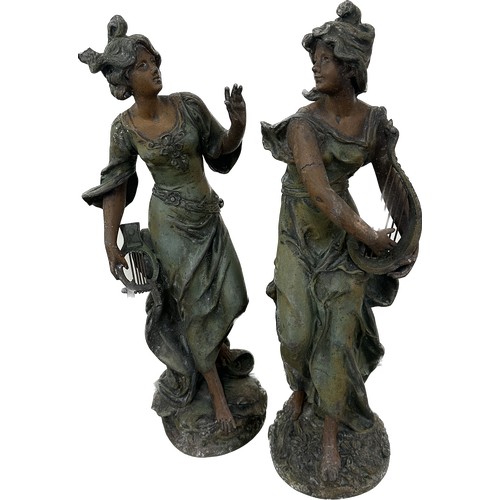 291 - Two vintage Spelter figures one lady playing a harp the other playing a lute overall height approxim... 