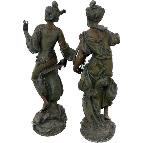 291 - Two vintage Spelter figures one lady playing a harp the other playing a lute overall height approxim... 