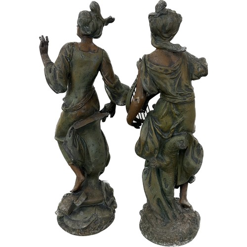 291 - Two vintage Spelter figures one lady playing a harp the other playing a lute overall height approxim... 