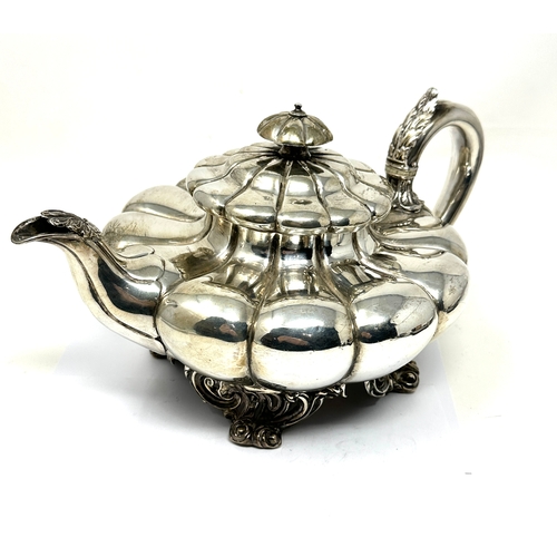 1 - Antique William 1111 silver tea service fluted melon form on foliate foot, with scroll handle and ma... 