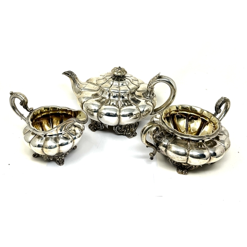 Antique William 1111 silver tea service fluted melon form on foliate foot, with scroll handle and matching finial, weight 1490g london 1833  & 1834 silver hallmarks makers W B