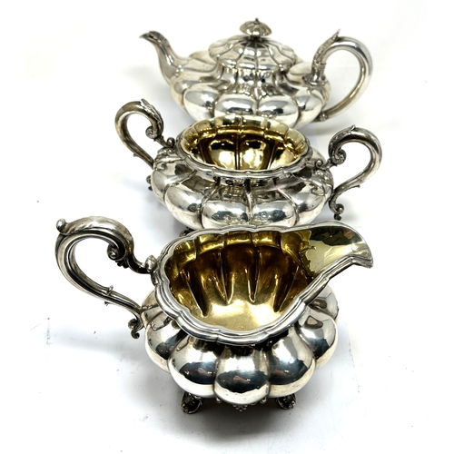 1 - Antique William 1111 silver tea service fluted melon form on foliate foot, with scroll handle and ma... 