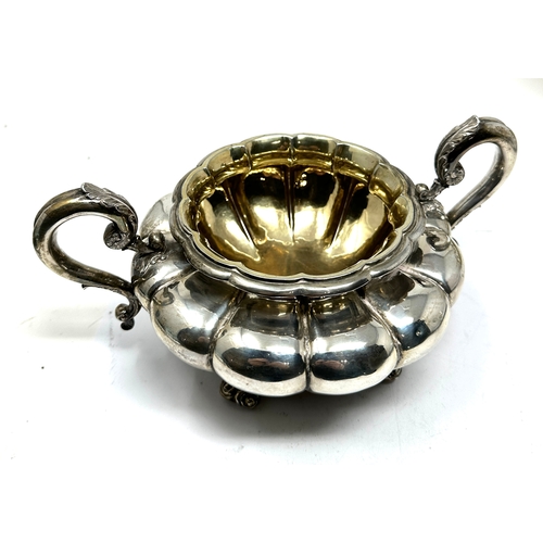 1 - Antique William 1111 silver tea service fluted melon form on foliate foot, with scroll handle and ma... 