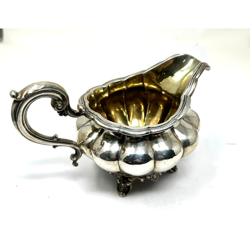 1 - Antique William 1111 silver tea service fluted melon form on foliate foot, with scroll handle and ma... 