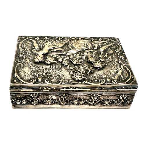 15 - Antique continental silver embossed scenic panel silver table snuff box measures approx 12cm by 8cm ... 