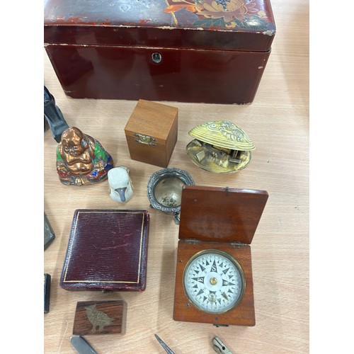 425 - Large selection of collectables includes pocket knives, cased compass etc