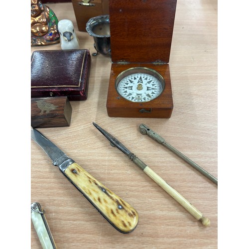 425 - Large selection of collectables includes pocket knives, cased compass etc