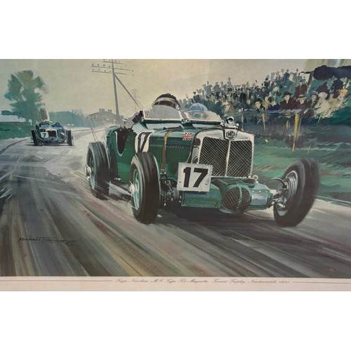 326 - Signed framed Michael Turner print depicting Tazie Nuvolaari MG type K3 Magnette tourist trophy Newt... 