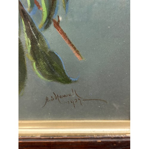 323 - 2 Oak framed original paintings signed by artist A S Howell 1927, depicting flowers and fruits, over... 