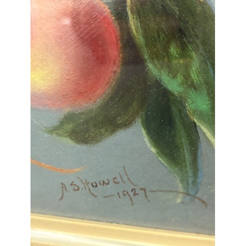 323 - 2 Oak framed original paintings signed by artist A S Howell 1927, depicting flowers and fruits, over... 