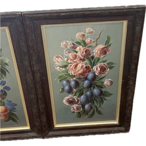 323 - 2 Oak framed original paintings signed by artist A S Howell 1927, depicting flowers and fruits, over... 