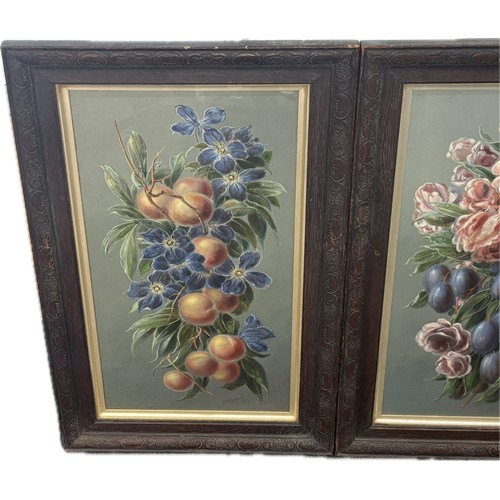 323 - 2 Oak framed original paintings signed by artist A S Howell 1927, depicting flowers and fruits, over... 