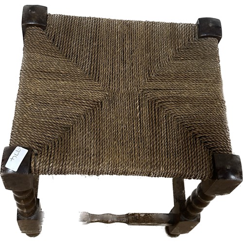 365 - Antique oak and straw stool measures approximately 18 inches tall x 15 wide and 12.5 deep