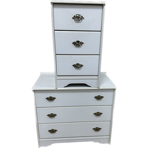 356 - Three drawer white chest with a matching three drawer bedside table largest measures approximatley 2... 