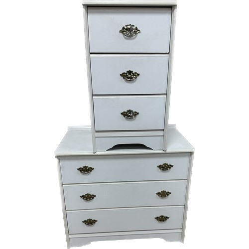 356 - Three drawer white chest with a matching three drawer bedside table largest measures approximatley 2... 