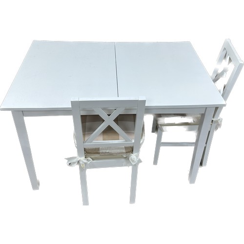 386 - Modern white extending table with four chairs with cushions overall approx measurements 30 inches ta... 