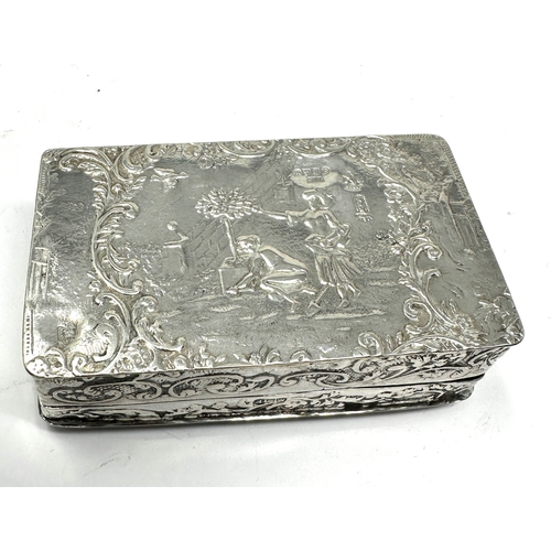 18 - antique silver embossed snuff box measures approx 7.5cm by 4.5cm