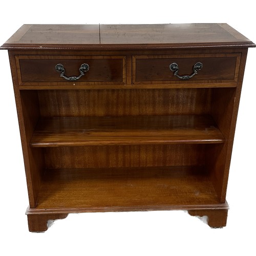 361 - Mahogany inlaid two drawer bookcase measures approximately 30 inches tall x 31.5 wide and 13 deep