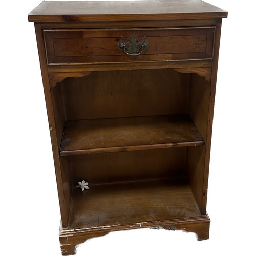 362 - Mahogany one drawer two shelf bookcase measures approximately 28 inches tall x 18 wide and 10 deep