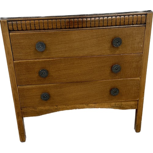 360 - Oak 3 drawer formica topped chest measures approximately 26.5 inches tall x 26.5 wide and 16.5 deep