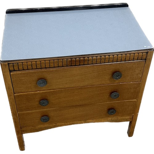 360 - Oak 3 drawer formica topped chest measures approximately 26.5 inches tall x 26.5 wide and 16.5 deep