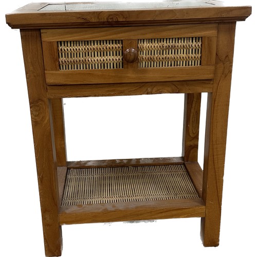 343 - Glass and wicker one drawer side table measures approximately 22 inches tall x 18 wide and 12 deep