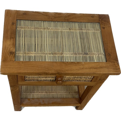 343 - Glass and wicker one drawer side table measures approximately 22 inches tall x 18 wide and 12 deep