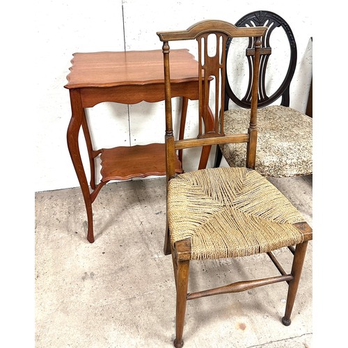 345 - Two hall chairs, an oak pot cupboard and an oak occassonal table