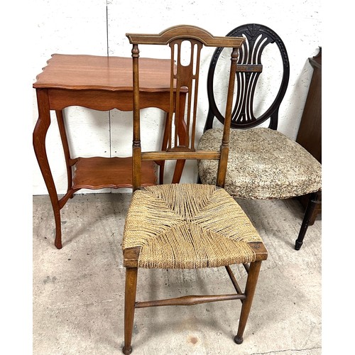 345 - Two hall chairs, an oak pot cupboard and an oak occassonal table