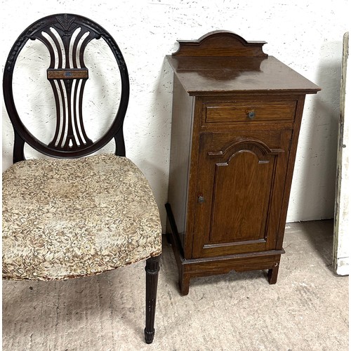 345 - Two hall chairs, an oak pot cupboard and an oak occassonal table