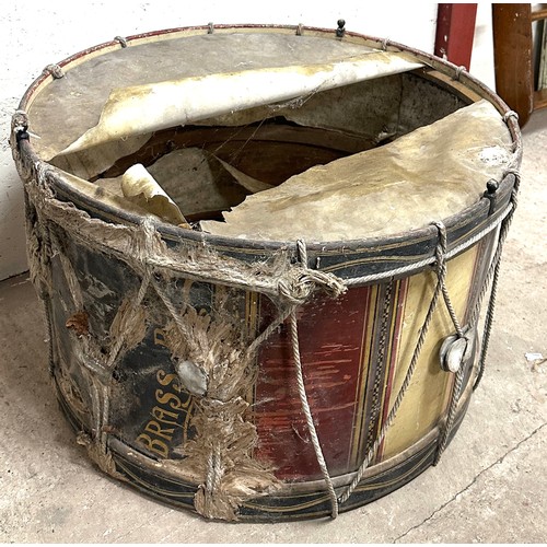 346 - Vintage large brass band drum in need of repair - measures approximately 32 inches diamater