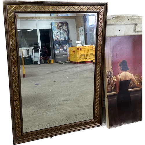 393A - Framed bevelled edged mirror and a canvas depicting cocktail hour largest measures approximately 42 ... 