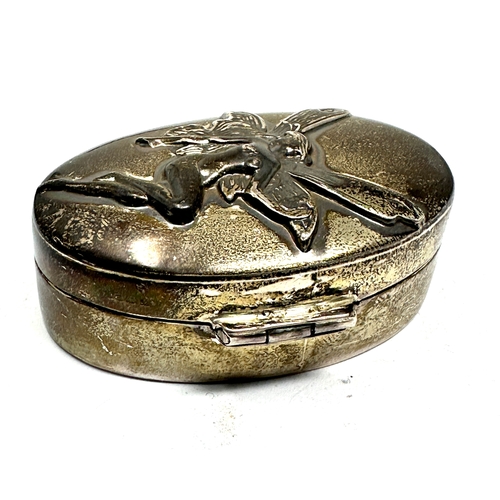 27 - vintage silver pill box with fairy detail measures approx 5cm by 3.5cm