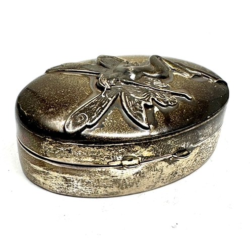 27 - vintage silver pill box with fairy detail measures approx 5cm by 3.5cm