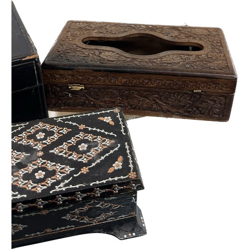 19 - Three vintage wooden boxes 2 of which are inlaid, largest measures approximately 5 inches tall by 12... 