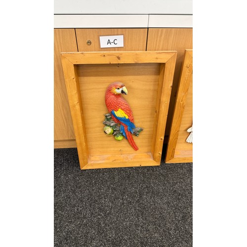 302 - Four wooden framed 3D parrot wall plaques largest measures approximately 27 inches tall x 17 wide