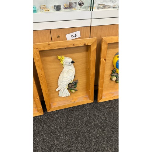 302 - Four wooden framed 3D parrot wall plaques largest measures approximately 27 inches tall x 17 wide