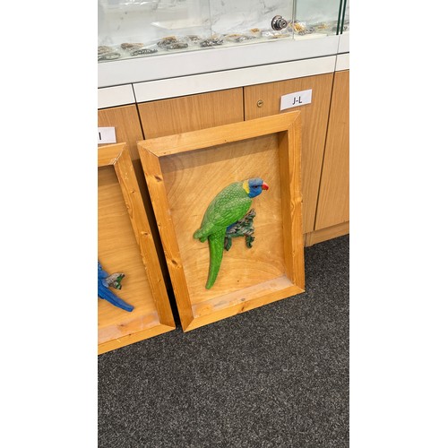 302 - Four wooden framed 3D parrot wall plaques largest measures approximately 27 inches tall x 17 wide