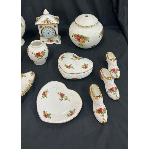 491 - Selection of Royal Albert Old Country Rose pieces to include clock, boots, heart shaped trinket dish... 